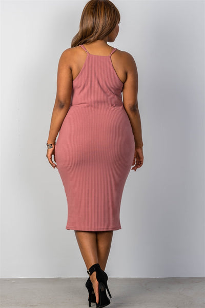 Ladies fashion plus size ribbed knit lace-up dress