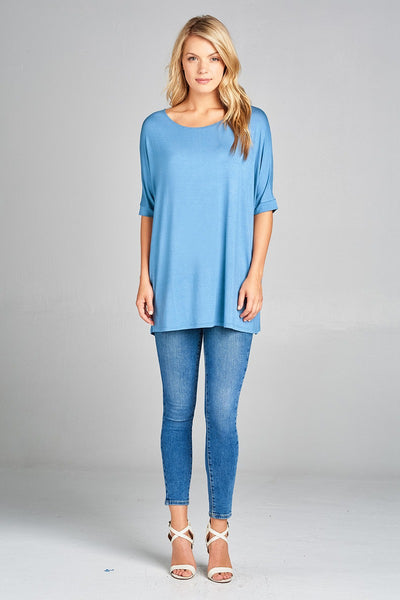 Ladies fashion elbow sleeve round neck rayon spandex jersey tunic top