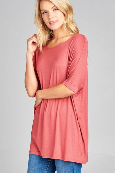 Ladies fashion elbow sleeve round neck rayon spandex jersey tunic top
