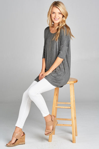 Ladies fashion band elbow sleeve round neck rayon spandex jersey tunic top
