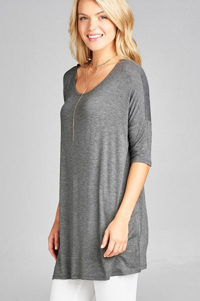 Ladies fashion band elbow sleeve round neck rayon spandex jersey tunic top
