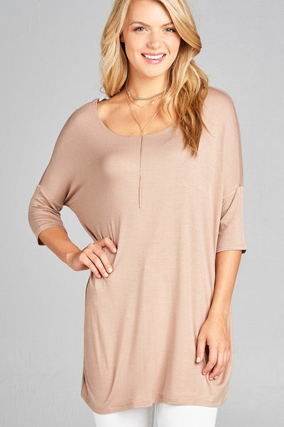 Ladies fashion band elbow sleeve round neck rayon spandex jersey tunic top