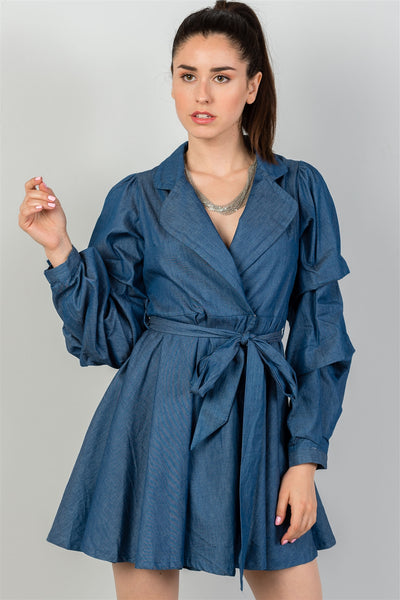Ladies fashion  denim tiered sleeve self tie waist dress