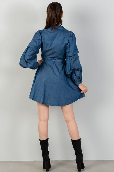 Ladies fashion  denim tiered sleeve self tie waist dress