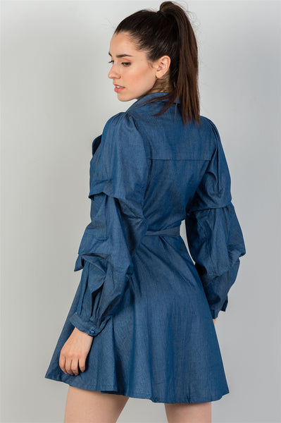 Ladies fashion  denim tiered sleeve self tie waist dress