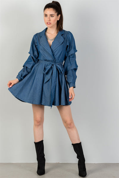 Ladies fashion  denim tiered sleeve self tie waist dress