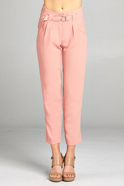 Ladies fashion high rise w/double metal trim belt long leg woven trousers