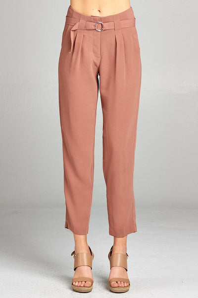 Ladies fashion high rise w/double metal trim belt long leg woven trousers