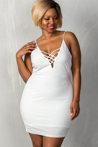 Ladies fashion plus size  stretchy adjustable straps mini length criss-cross v plunge dress