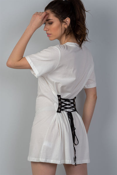 Ladies fashion white & black front graphic print contrast corset back t-shirt dress