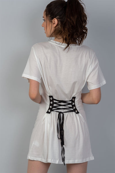 Ladies fashion white & black front graphic print contrast corset back t-shirt dress