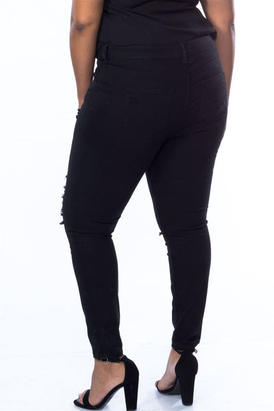 Ladies fashion plus size cotton spandex black plus size distressed skinny jeans