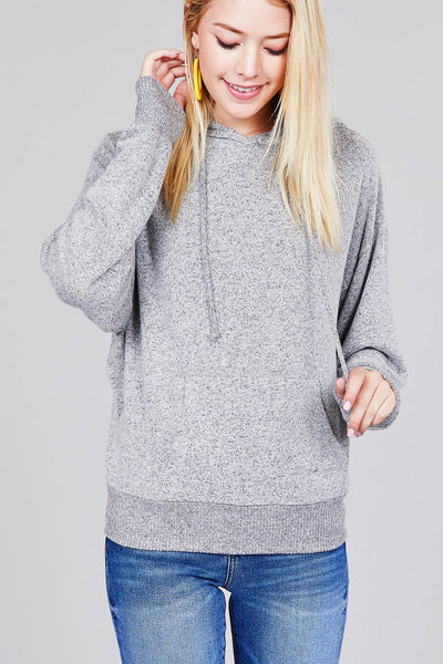 Ladies fashion long sleeve hoodie w/drawstring brushed hacci knit top