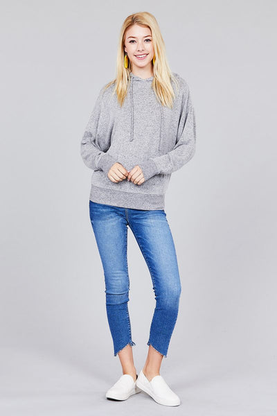 Ladies fashion long sleeve hoodie w/drawstring brushed hacci knit top