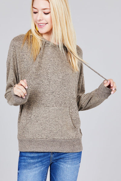 Ladies fashion long sleeve hoodie w/drawstring brushed hacci knit top