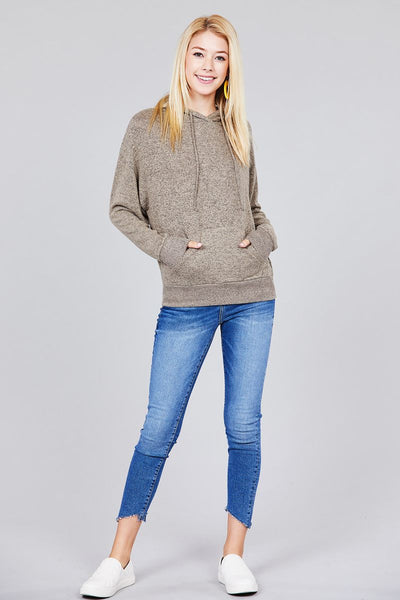 Ladies fashion long sleeve hoodie w/drawstring brushed hacci knit top