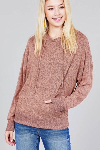 Ladies fashion long sleeve hoodie w/drawstring brushed hacci knit top