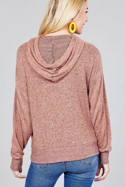 Ladies fashion long sleeve hoodie w/drawstring brushed hacci knit top
