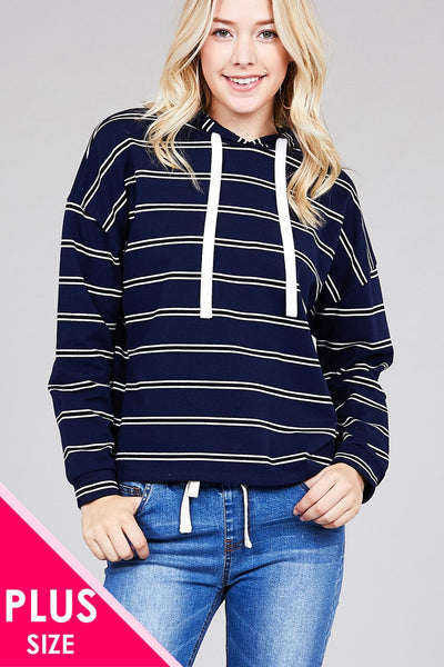 Ladies fashion plus size long sleeve hoodie w/drawstring stripe french terry top
