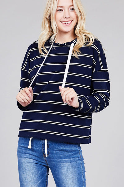 Ladies fashion plus size long sleeve hoodie w/drawstring stripe french terry top