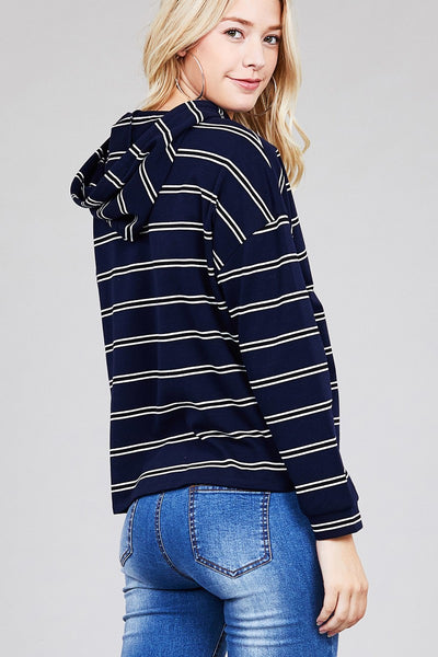 Ladies fashion plus size long sleeve hoodie w/drawstring stripe french terry top