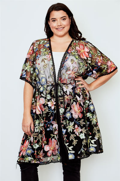 Plus size black sheer floral embroidered waist tie kimono