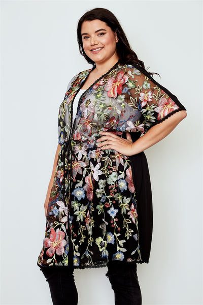 Plus size black sheer floral embroidered waist tie kimono