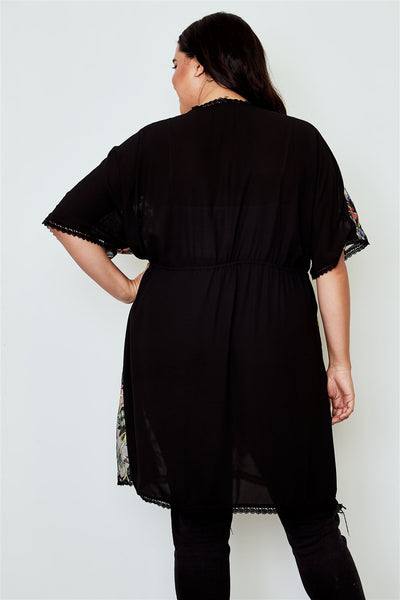 Plus size black sheer floral embroidered waist tie kimono