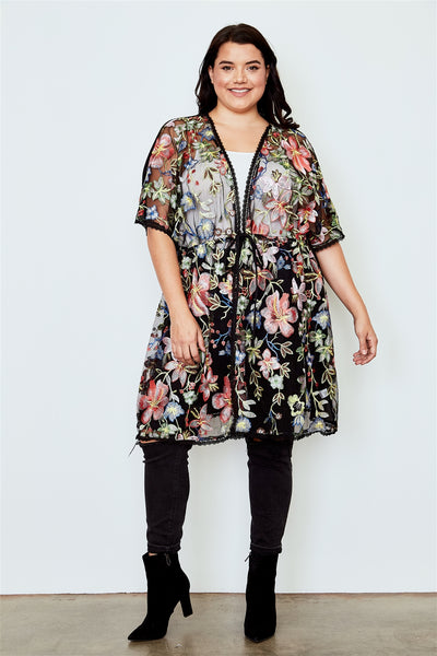 Plus size black sheer floral embroidered waist tie kimono