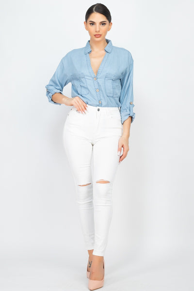 Chest-pocket Long Sleeves Polo Top