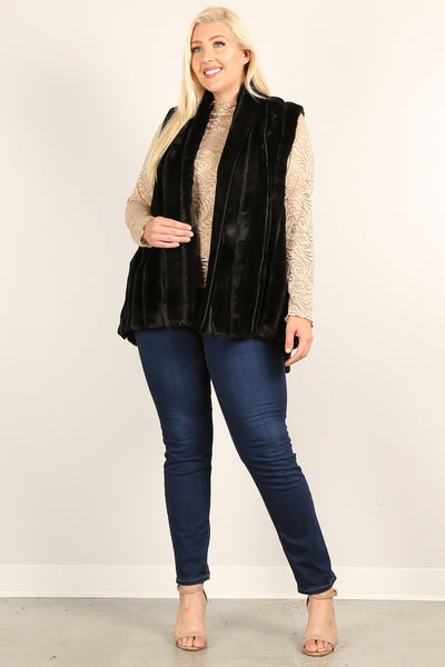 Plus Size Faux Fur Vest Jacket With Open Front, Hi-lo Hem, And Pockets