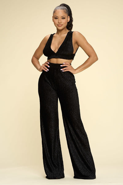 Crushed Velvet Plunging Neck Tank Top And High Waist Palazzo Pants Set