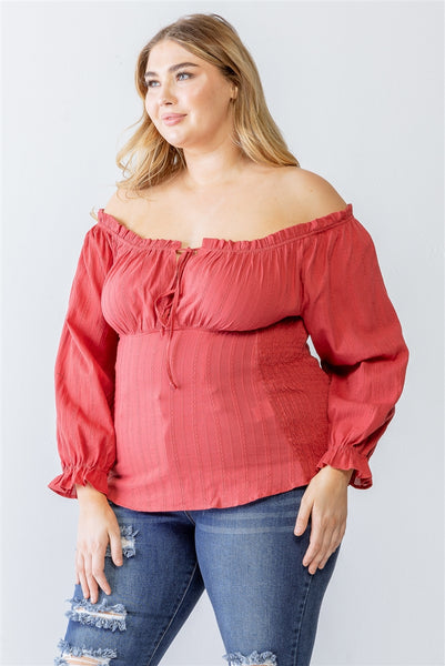 Plus Cotton Embroidery Off-the-shoulder Smocked Back Top